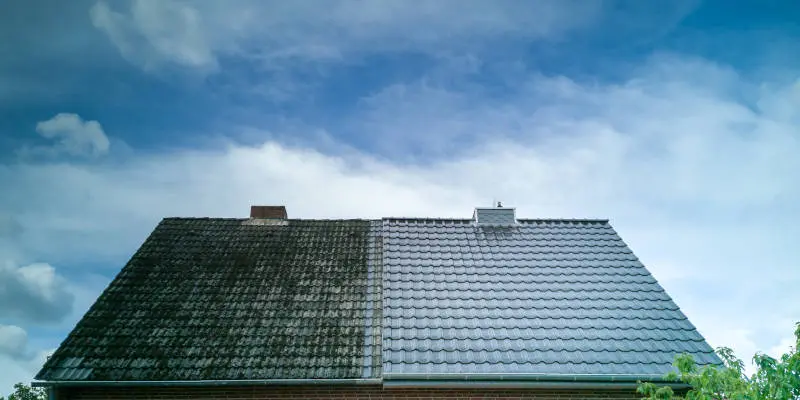 roof cleaning near me Side-by-side comparison of a roof before and after professional cleaning, showing dramatic removal of moss and grime