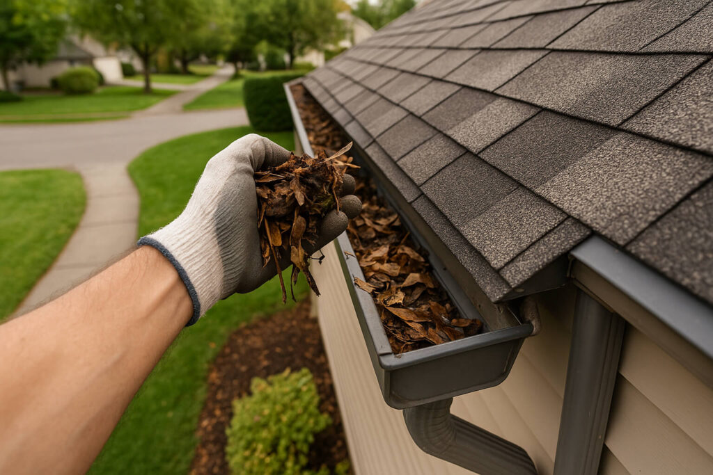 Professional gutter cleaning in Cowlitz County WA by Prep Pros Pressure Washing removing leaves and debris from a home in Longview.
