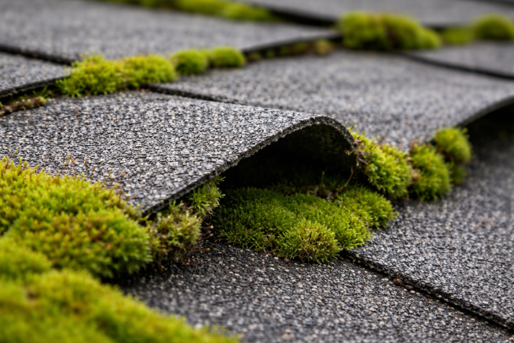 roof moss damage on shingles in the Pacific Northwest