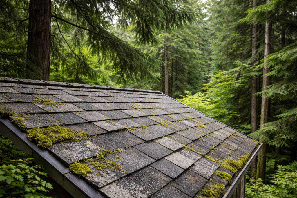 Pacific Northwest roof shaded by trees, moss growth